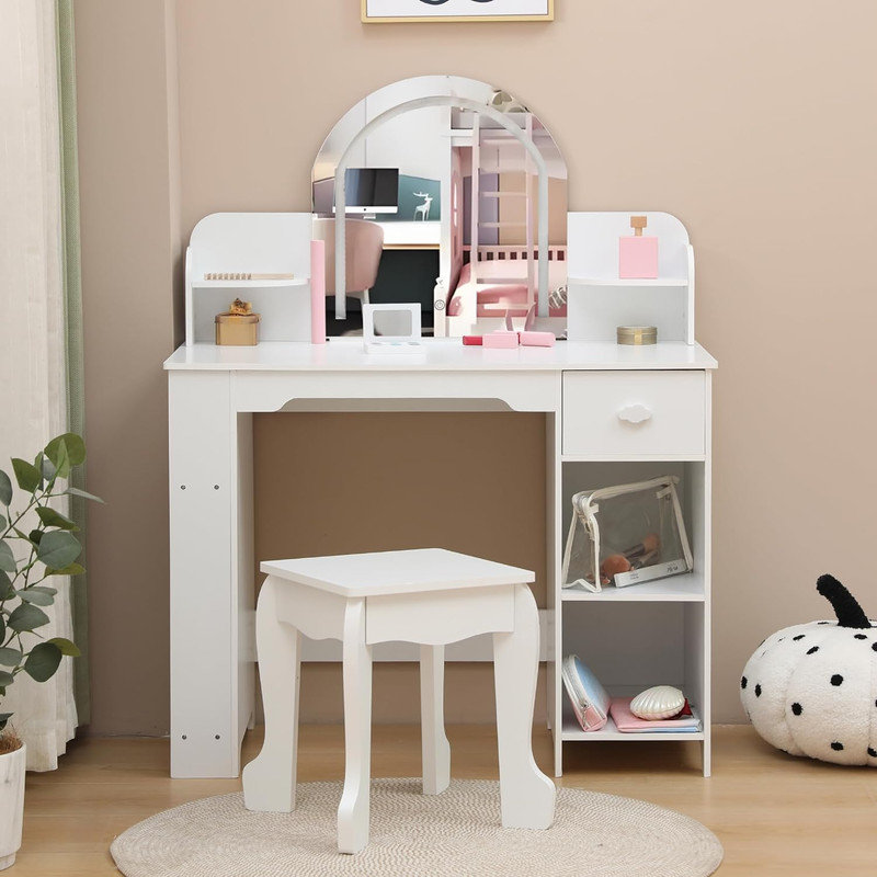 Coiffeuse pour enfants avec miroir lumineux et tabouret, bureau réglable à DEL avec rangement pour filles de 3 à 9 ans, Blanc