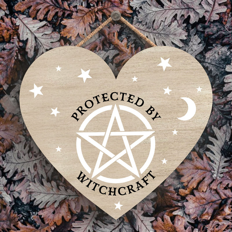 Protected by Witchcraft Wooden Heart Plaque, Brown, 16cm H x 17cm W x 0.9cm D