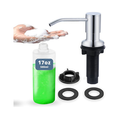 Ensemble de distributeur de savon ou de lotion pour évier de cuisine intégré SBEN, acier inoxydable, pompe chromée, bouteille en PET de 17 oz, tête en ABS durable, rotation à 360 ° (chrome)