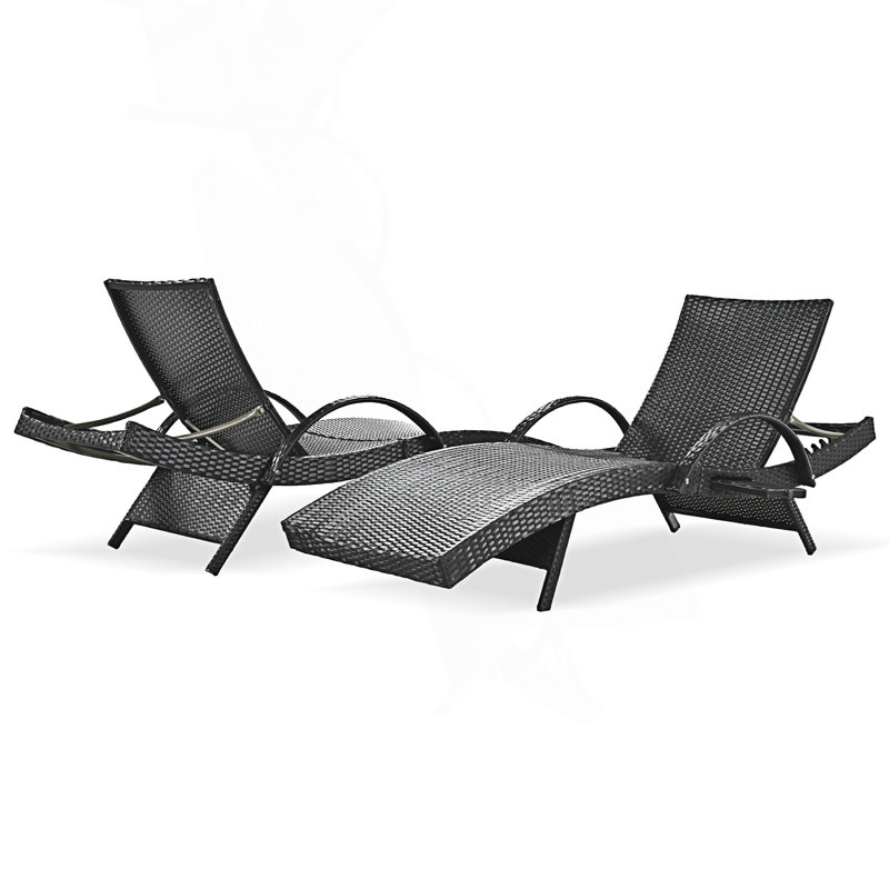 Outdoor Wicker Chaise Lounge Chairs Set Of 2, Patio Rattan Reclining Chair, Pull-Out Side Table, Black