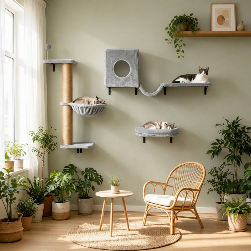 Wall-Mounted Cat Activity Center with Condo and Scratching Post