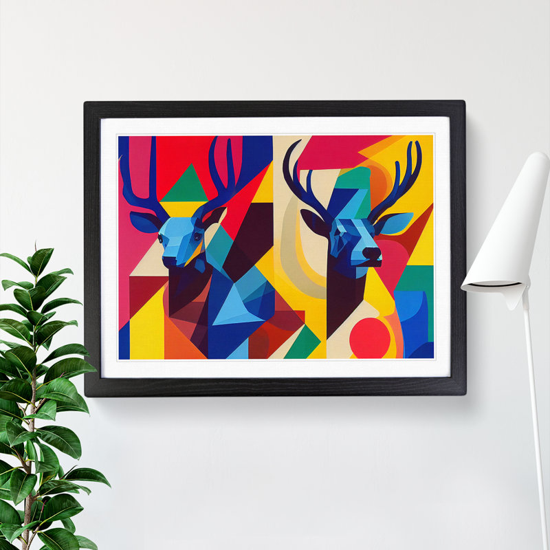 XH1022-9261X Two Abstract Stags Vol.1 - Single Picture Frame Print, 46cm H x 64cm W x 2cm D, Black