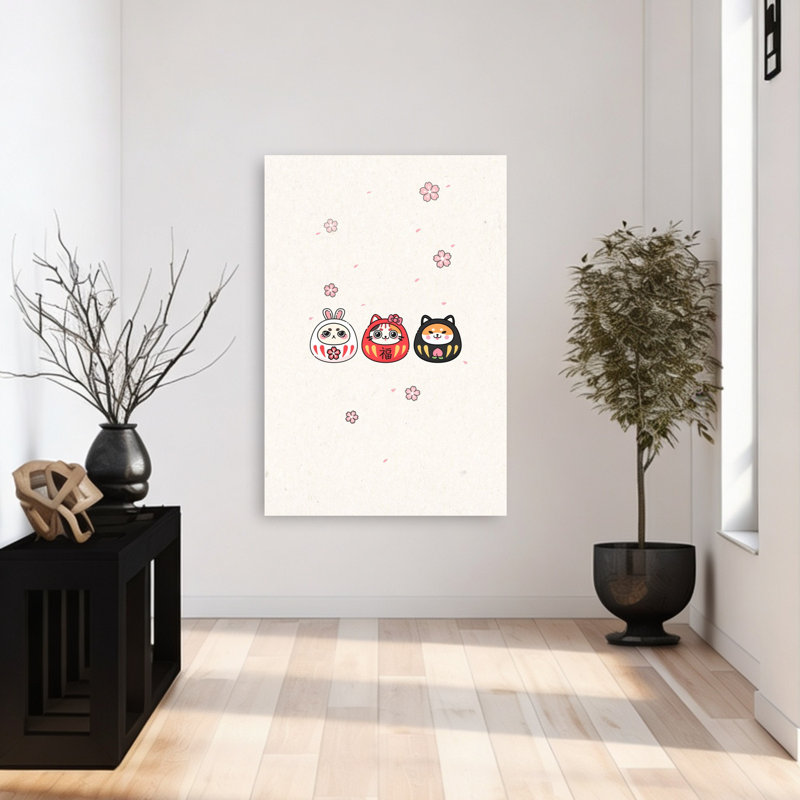 «Lucky Animal», art contemporain de chat, cerise, chien, fleur printanière, 48" H x 32" W