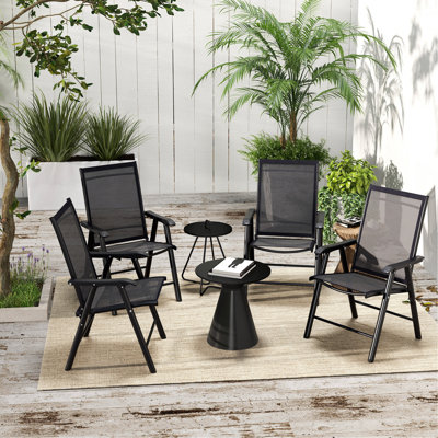 Set Of 4 Patio Folding Chairs, Stackable Outdoor Sling Patio Dining Chairs With Armrests For Lawn, Camping, Dining, Beach, Metal Frame, No Assembly