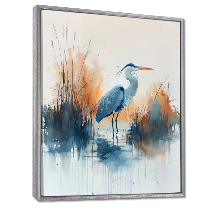 Bender Tranquil Heron By The Lake II - héron, art mural, H 32 po x l 24 po, Reproduction avec cadre flottant, Argent argent