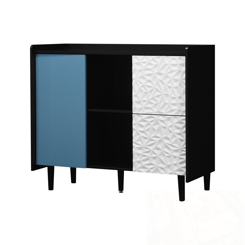 Armoire d'appoint en bois avec 2 tiroirs et rangement ouvert, Black+Blue