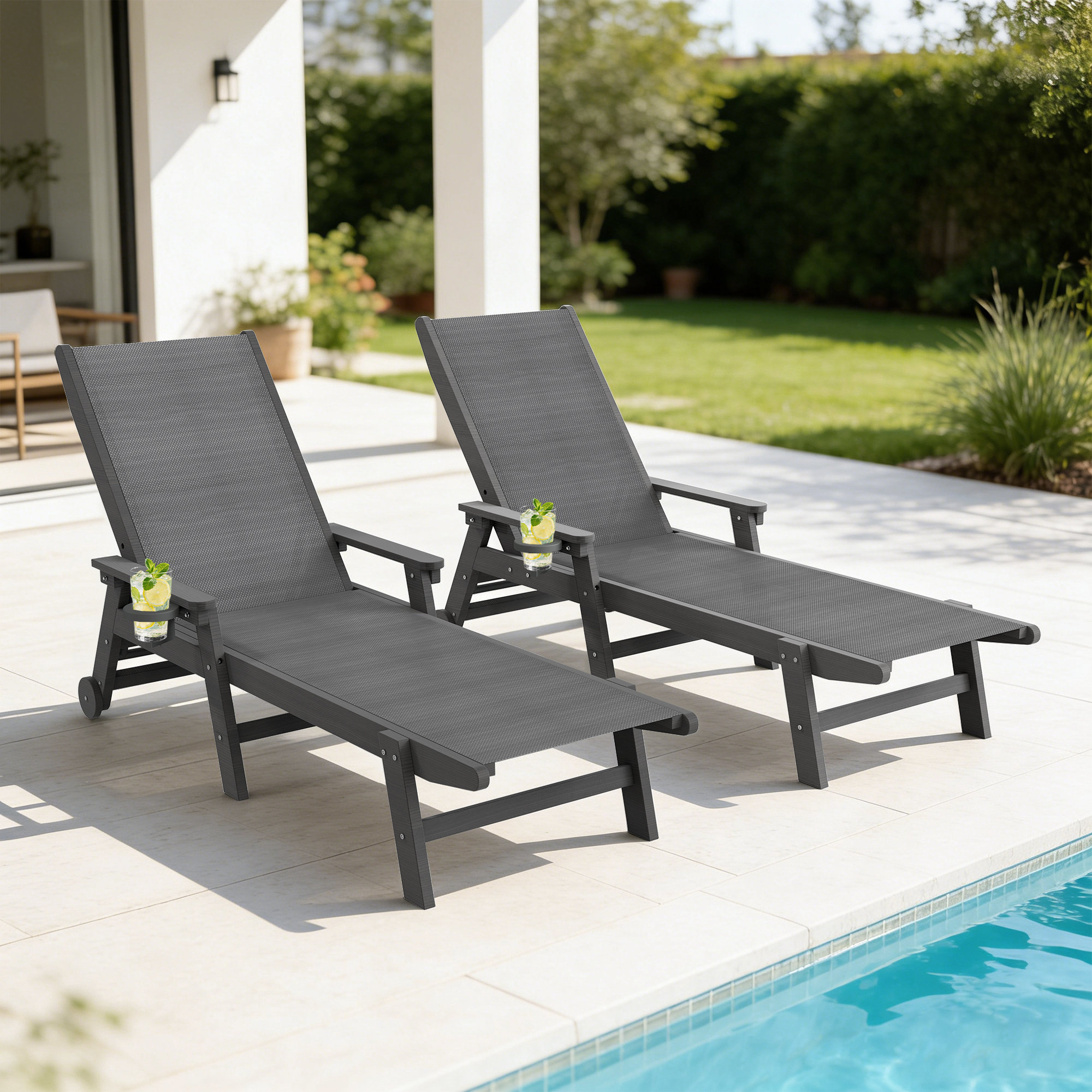 Latitude Run® HDPE & PVC-coated polyester Outdoor Chaise Loungers with