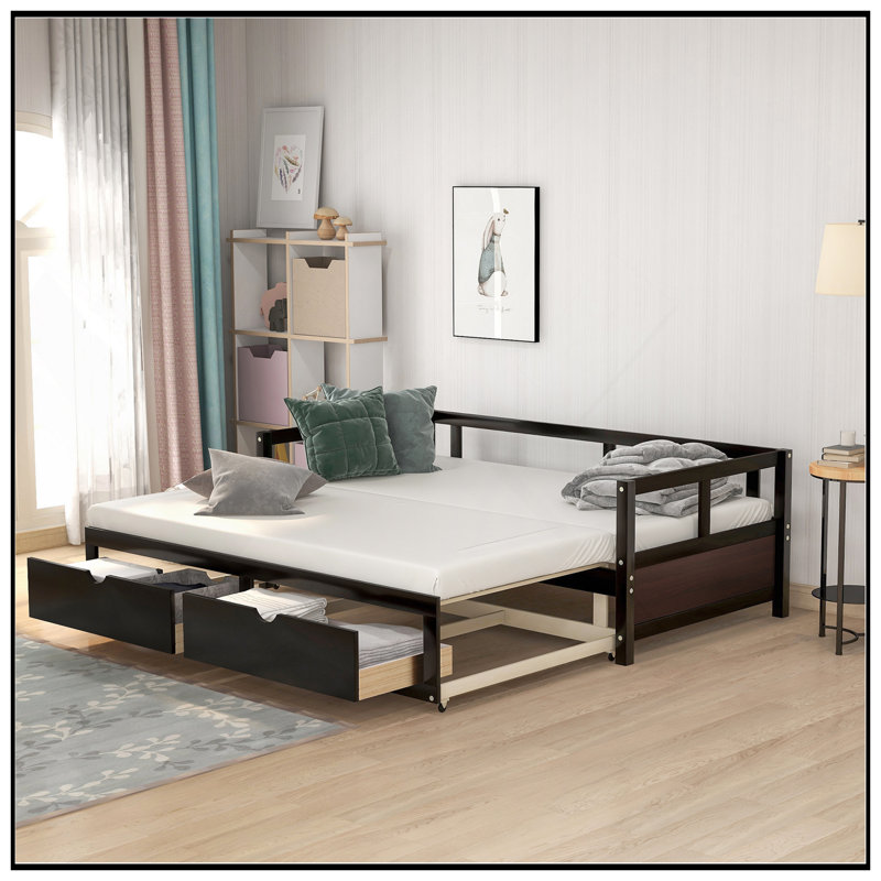 Lit de jour en bois robuste avec lit gigogne et rangement, extensible pour une utilisation polyvalente, Espresso