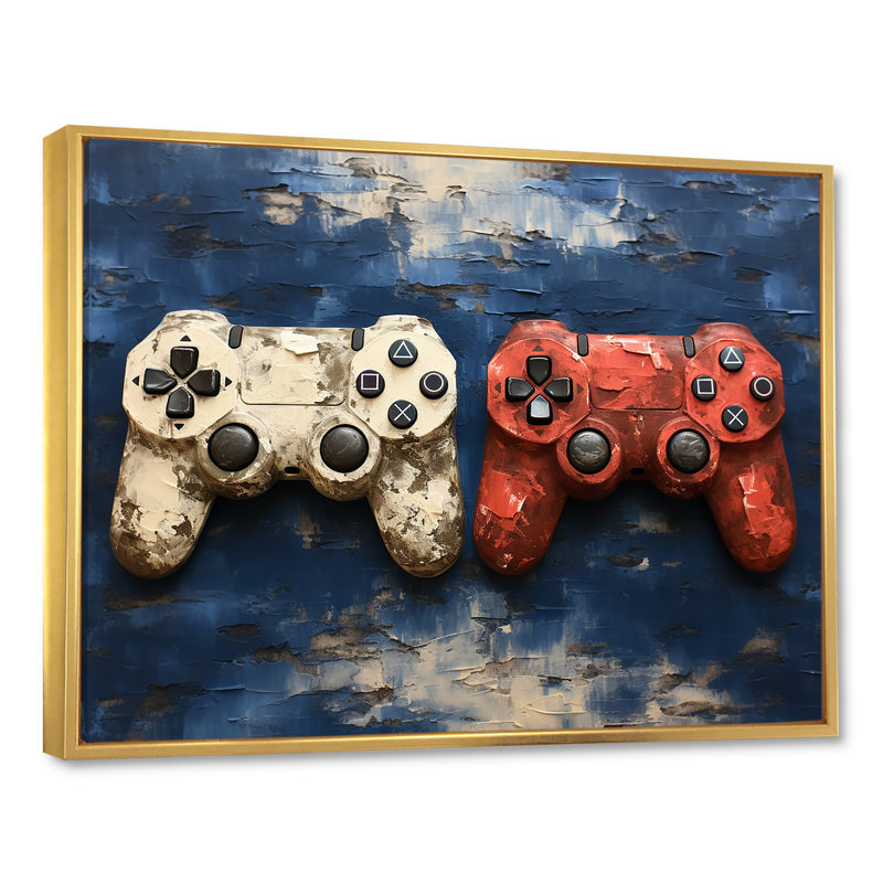 White and Red Ps Video Game Controllers - Art mural de jeux vidéo, Cadre flottant doré, H 34 po x l 44 po x P 1,5 po