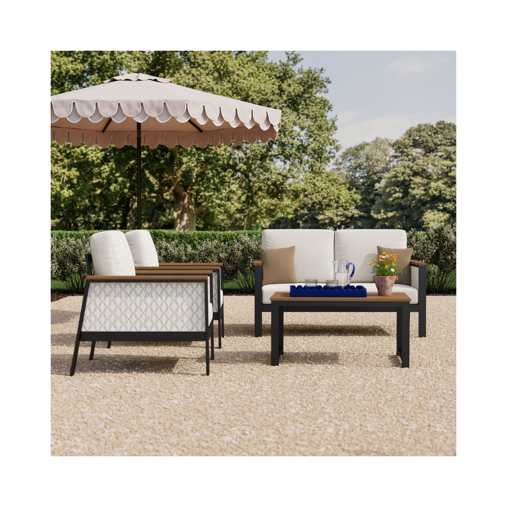 Townsend 4 Piece Sofa Seating Group with Sunbrella Cushions, Canvas White/Voyage Dune Fabric