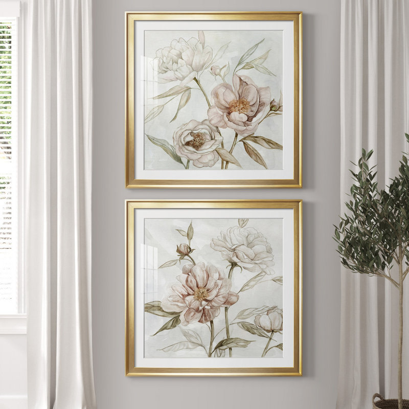 «Washed Botanical I», ensemble de 2 reproductions, Blanc, H 30,5 po x l 61 po x P 1,5 po, Papier encadré doré