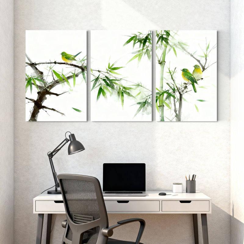 «Bamboo and Birds», reproduction d'art sur toile tendue à l'aquarelle (ensemble de 3), H 30 po x l 60 po