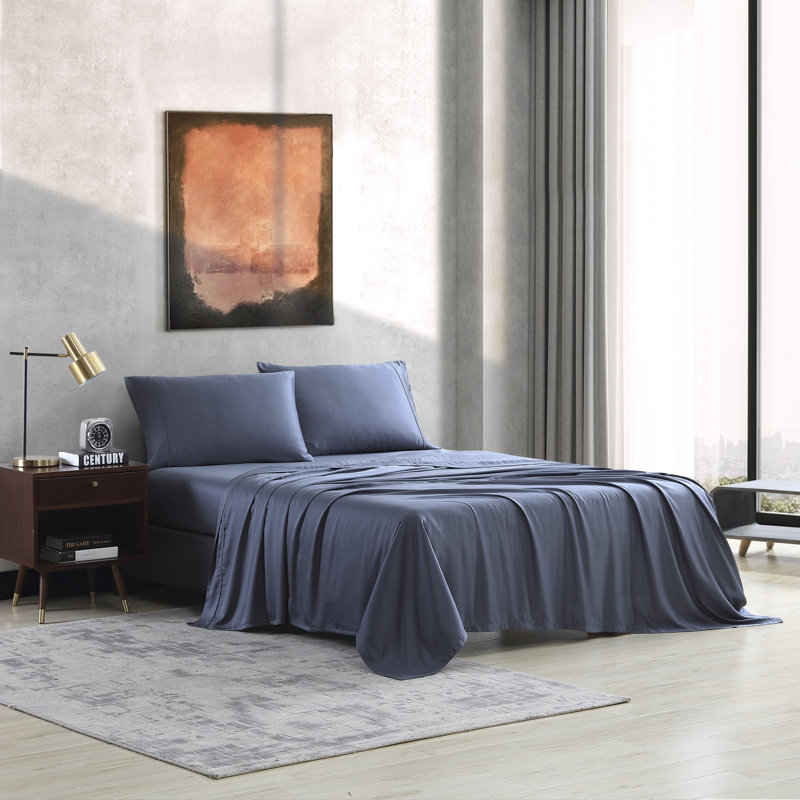 Sateen Sheet Set, Full Sheet Set + Fitted Sheet + 2 Pillowcases, Navy