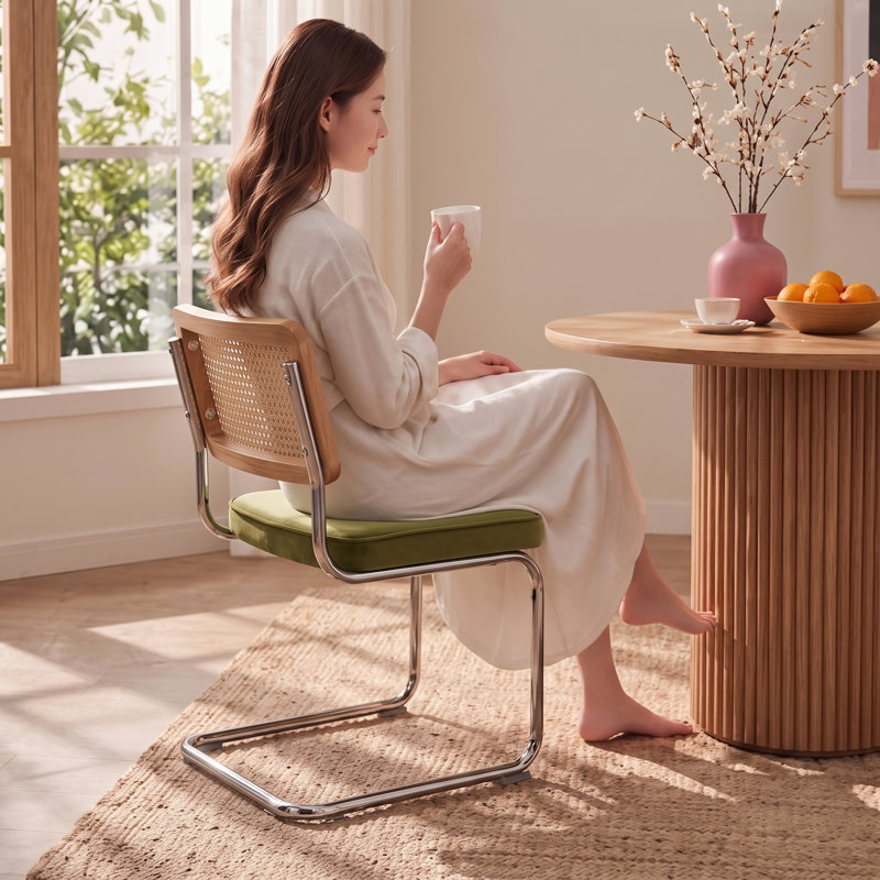 Chaise d'appoint en porte-à-faux avec dossier en rotin de canne et structure en acier, Vert