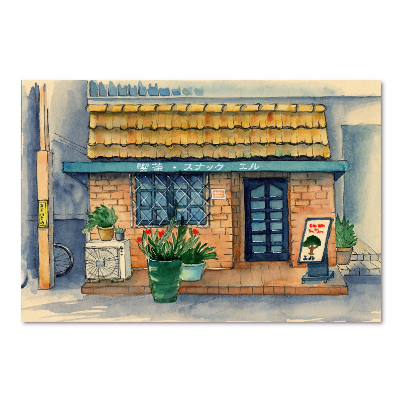 Petit café asiatique sous un toit de tuiles - reproduction sur toile, H 40 po x l 60 po x P 1,5 po, Toile tendue