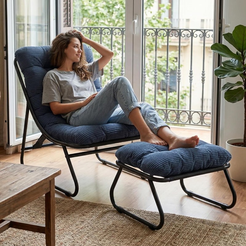 Chaise longue d'extérieur avec repose-pieds et coussins, Velours côtelé bleu marine