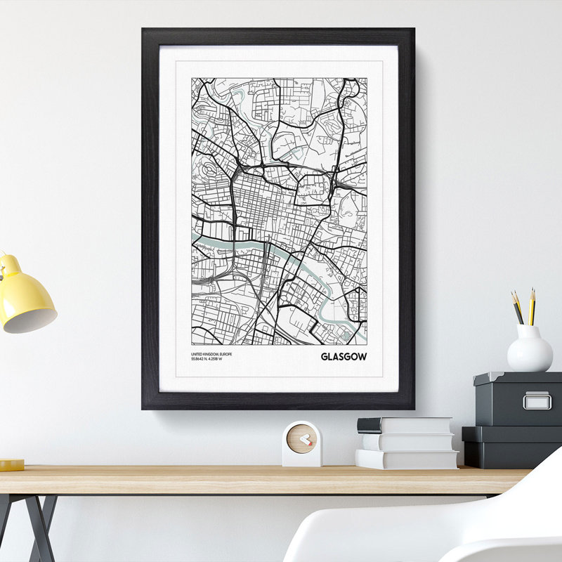 Map Glasgow UK - Picture Frame Graphic Art, 90cm H x 65cm W x 2cm D, Black Framed