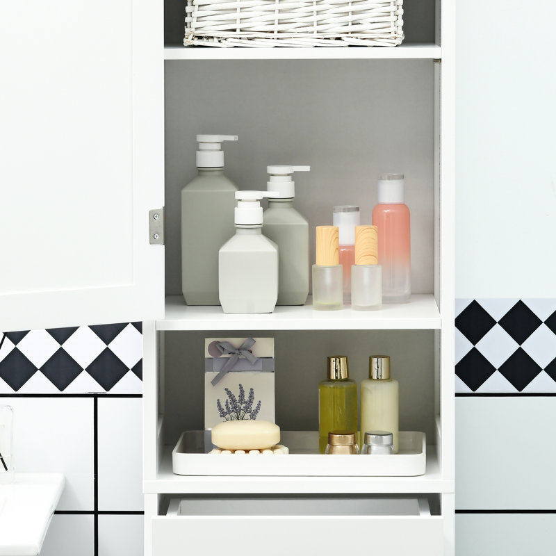 Armoire de rangement pour salle de bain - Grande et mince avec tablette ouverte, tiroir, portes encastrées et tablettes réglables, tablettes en lin blanc