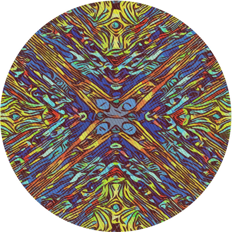 Tapis brun/bleu/jaune tissé à la machine, Rond 7 pi