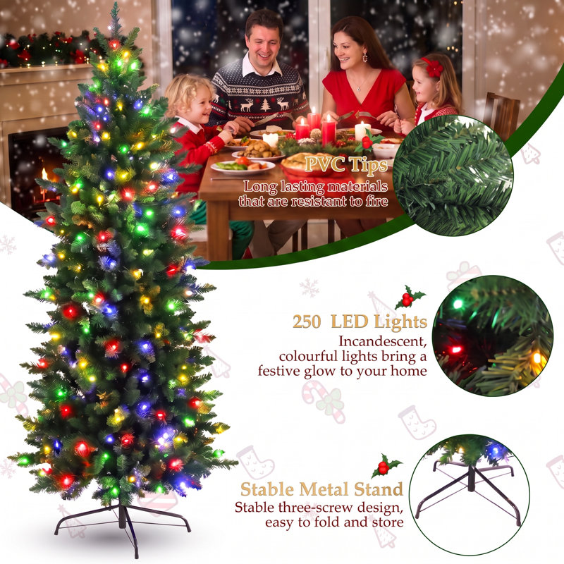 Sapin de Noël fin de 1,80 m (pas un sapin crayon) - Sapin artificiel mince avec lumières DEL multicolores, 957 extrémités de branches et embouts de protection pour les pieds