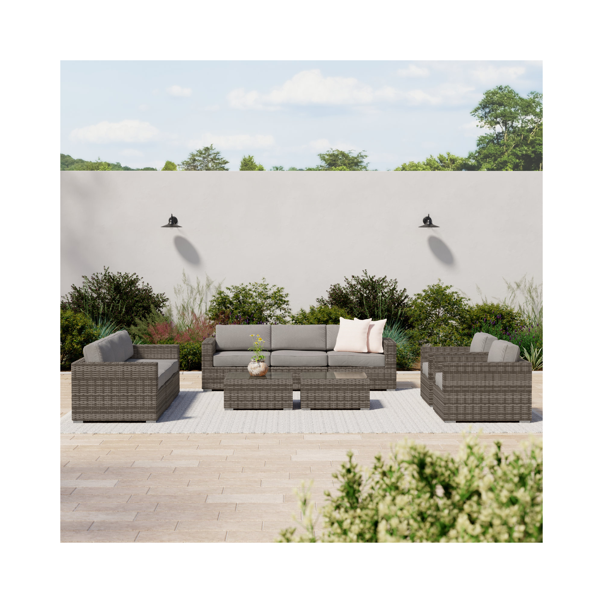 Franke Wicker 8 Person Seating Group, Gray, Canvas Charcoal Sunbrella® Canvas