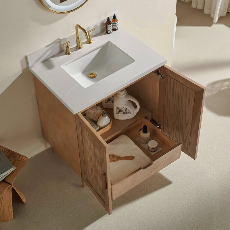 Meuble-lavabo autoportant Basin, en bois massif et avec plateau blanc d'ingénierie, 30"