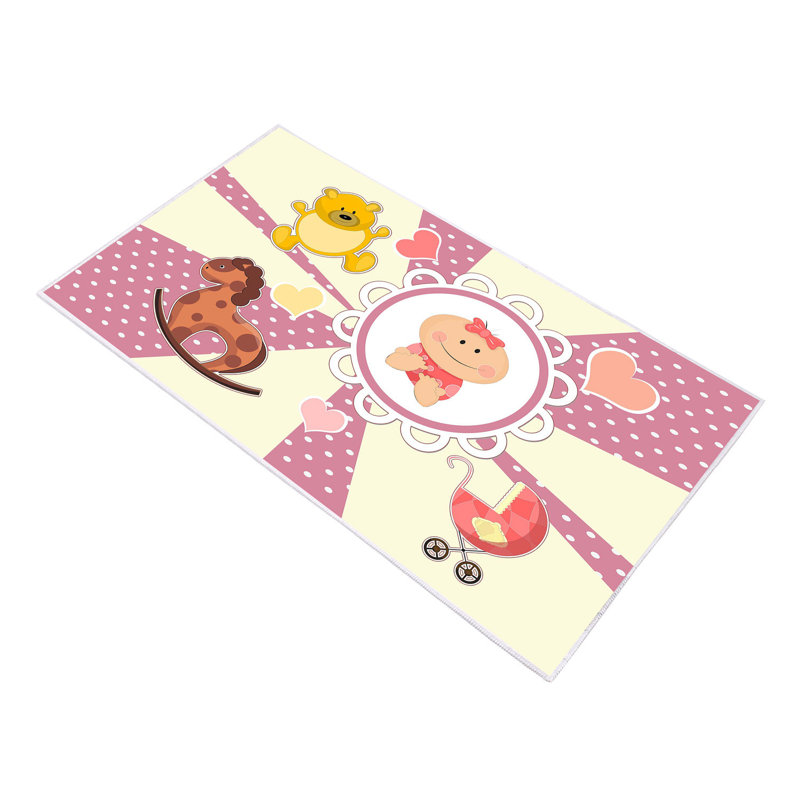 Tapis rectangulaire en polyester tissé à la machine Rickert en rose / jaune / blanc, Rectangle 5 pi 3 po x 7 pi 7 po