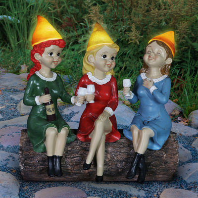 Exhart Solar Good Time Gals Drinking Wine Gnomes, 5 by 9 Inches