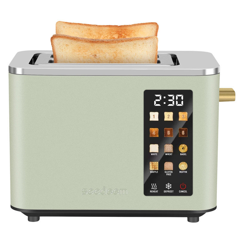 2 Slice Toaster,Touchscreen Stainless Steel Toaster,6 Bread and Toning Options,Timer,Removable Crumb Tray,900W, Green