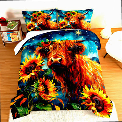 Sunflower Cow Comforter Set - Full Size 3Pcs Bedding Set with Galaxy Moon and Floral Print, Western Farmhouse Animals Theme, Includes 2 Pillowcases
