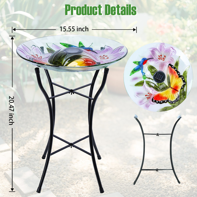 Bain pour oiseaux extérieur, bain d'oiseaux solaire, motif papillon, avec support en métal, attire les oiseaux, pour le jardin, les pelouses, le patio