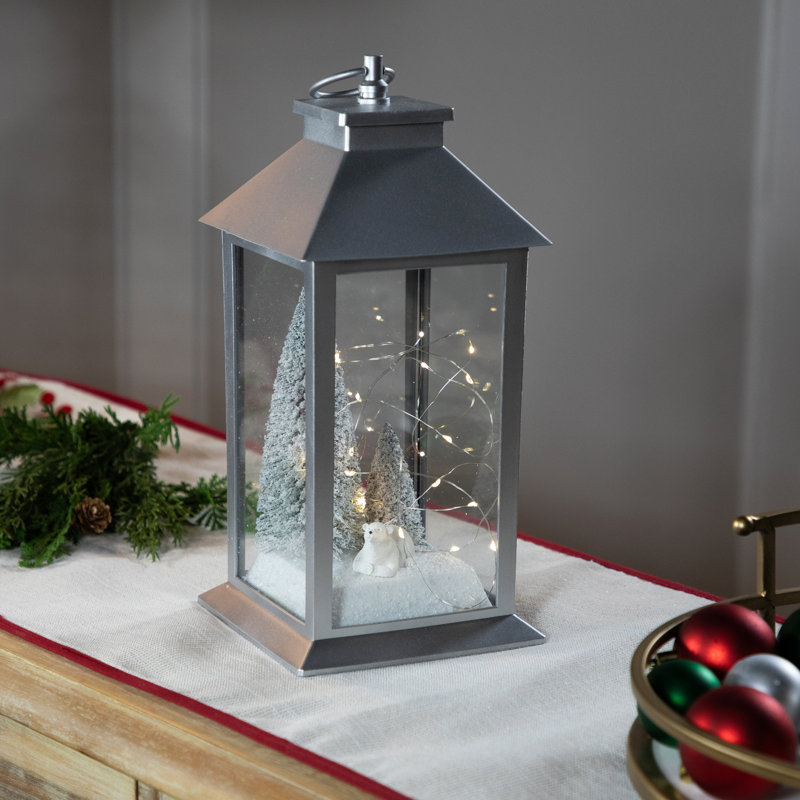 LED Lighted Polar Bear And Flocked Trees Christmas Lantern - 11"