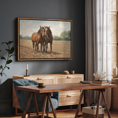 Two Horses Standing Together in Rustic Field Framed Print Wall Art