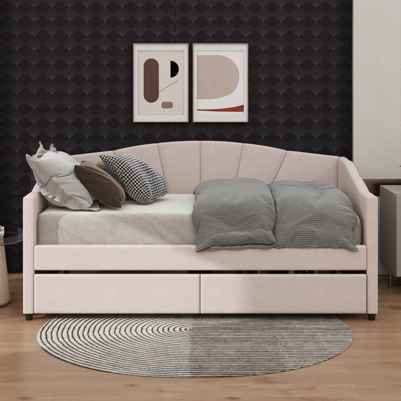 Upholstered Twin Size Daybed With Two Drawers, Beige