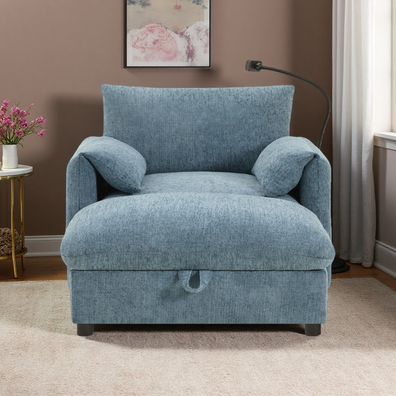 Canapé simple de 37 po avec repose-pieds de rangement, support de téléphone réglable, chargeur à deux ports, poches de rangement, accoudoirs éléphants, fauteuil en chenille confortable, méridienne moderne en nuage pour le salon et l’appartement
