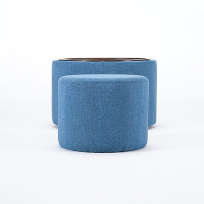 Blue Linen Upholstered Round Ottomans, 2 In 1 Nesting Design For Space, 41 Function As Footstool, Coffee Table, Bench & Storage, Frame And High Foam, Easy To Clean Compact Foam Maintain