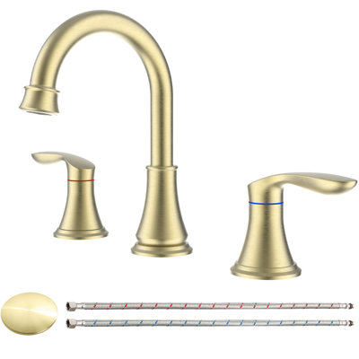 Robinet de lavabo à entraxe de 20 cm (8 po) en or brossé - 2 poignées, 3 trous, bec pivotant à 360°, conception de bec haute durabilité