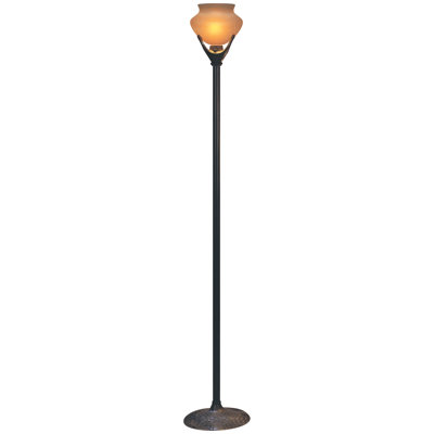Antiqued Rust Torchiere Floor Lamp With Frosted Amber Seeded Glass Shade – 69” Height, 3-Way Switch, Perfect For Traditional & Transitional Spaces