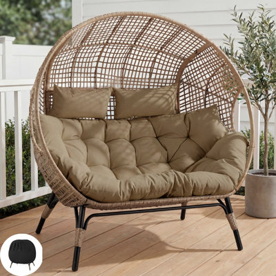 Outdoor Oversized 2-Person Wicker Egg Chair with Waterproof Cover, Double Egg Chair Loveseat with Cushions