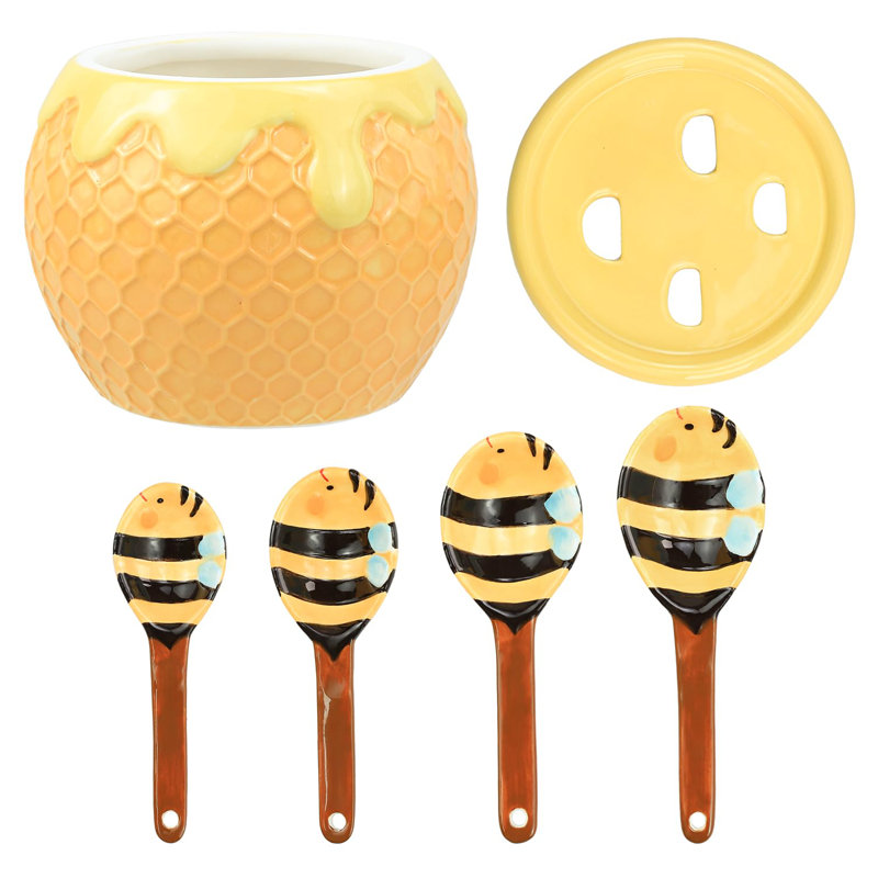 Ceramic Bee And Honeycomb Measuring Spoons Set For Dry Or Liquid With Measuring Cup Set, 4 PCS Kitchen Measuring Baking Spoons Cooking Measuring Spoons