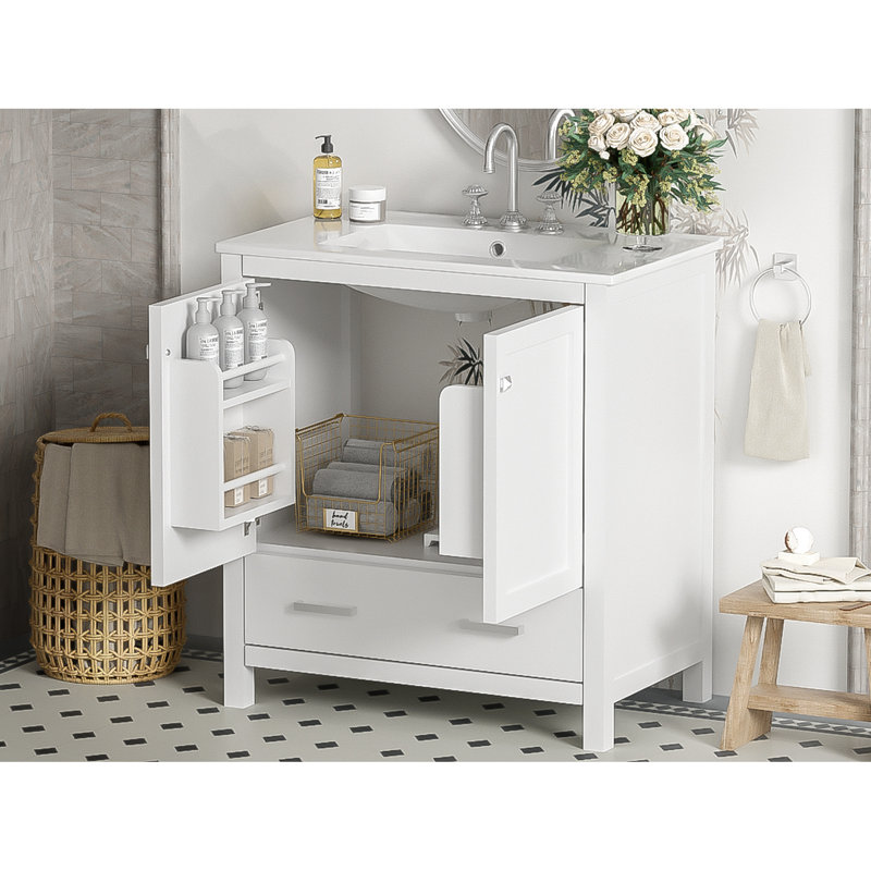 Meuble-lavabo de 30 po, armoire en bois massif avec lavabo simple, couleur blanche, 2 portes et 1 tiroir, mécanisme pour meuble-lavabo à finition silencieuse, construction, détente