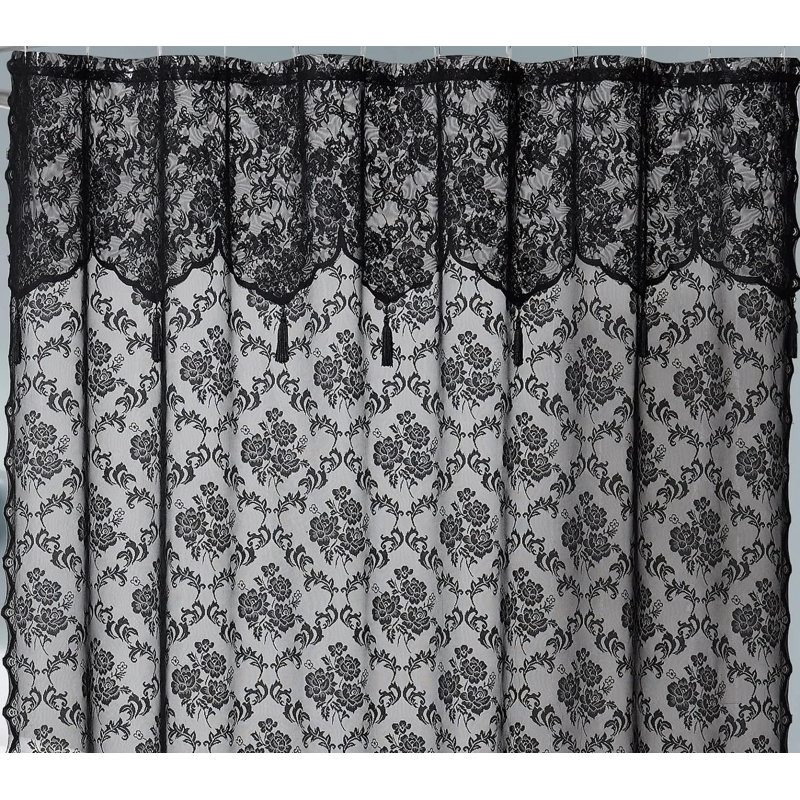 Elegant Black Lace Shower Curtain with Attached Valance and Tassels