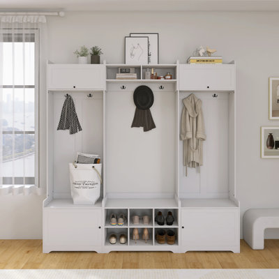 Modern Hall Tree With Shoe Storage, 4-In-1 Entryway Bench With 8 Cubbies, 7 Coat Hooks & Adjustable Shelf,White