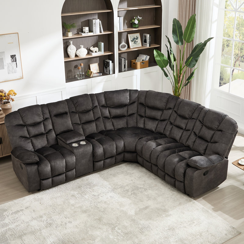 Canapé d'angle inclinable manuel 7 pièces avec console de rangement et porte-gobelets, canapé en forme de L pour salon