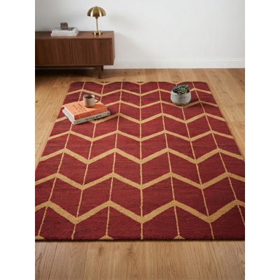 Red Gold Wool Handmade Geometric Hand Knotted Rectangle Indoor Area Rug