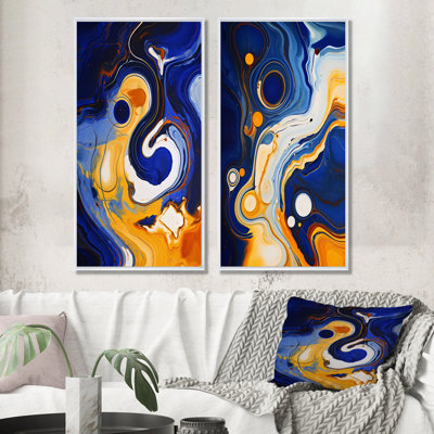 Yellow And Blue Liquid Ink River I - Abstract Liquid Ink Canvas Prints Set Of 2