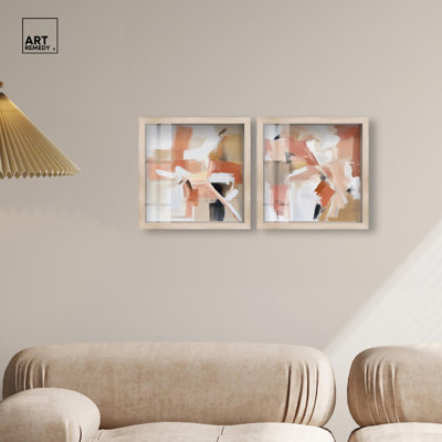 «Rose and Rust Duo Shadowbox», ensemble d'art mural de salon par Art Remedy, cadre blond, 12 x 12