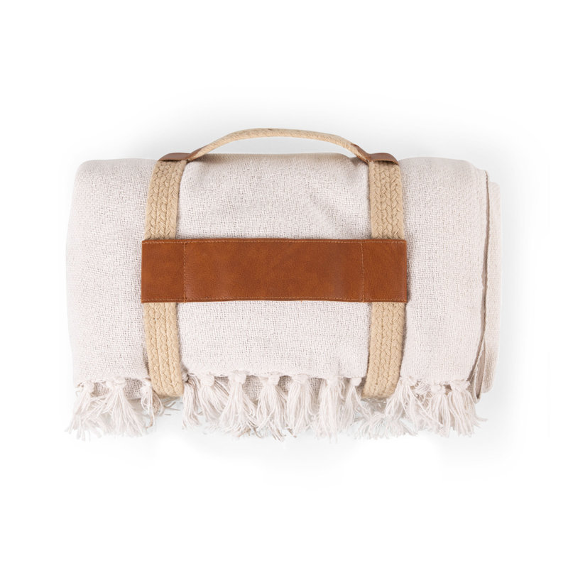 Montecito White and Taupe Cotton Polyester Picnic Blanket