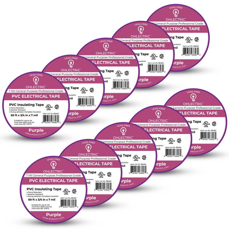 Ruban électrique en PVC sans plomb de qualité professionnelle 3/4 po x 0,07 po x 60 pi Mauve - paquet de 10