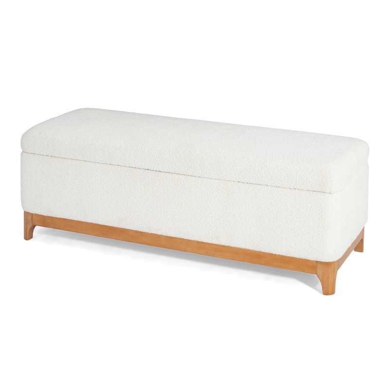 Lyndes Contemporary Storage Ottoman With Lift-Top And Scandinavian Wood Legs, White Boucle, Natural